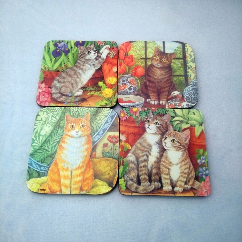 Vintage 1991 WM91 Wooden Cat Coasters Set of 4 Kitten Art Print Square